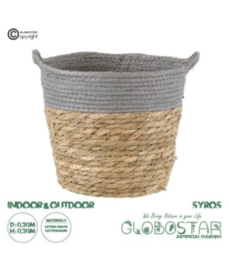 GloboStar® Artificial Garden SYROS 20281 Διακοσμητικό Πλεκτό Καλάθι - Κασπώ Γλάστρα - Flower Pot Μπεζ με Γκρι Φ20cm x Υ20cm